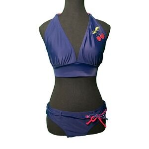 la Vie en Rose Aqua Navy Blue Cherry Sequin Bikini Set Halter Top Bottoms L/D+